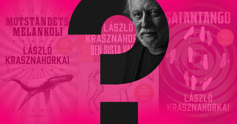 Collage med bokomslag och ett frågetecken med ett porträtt av Krasznahorkai.