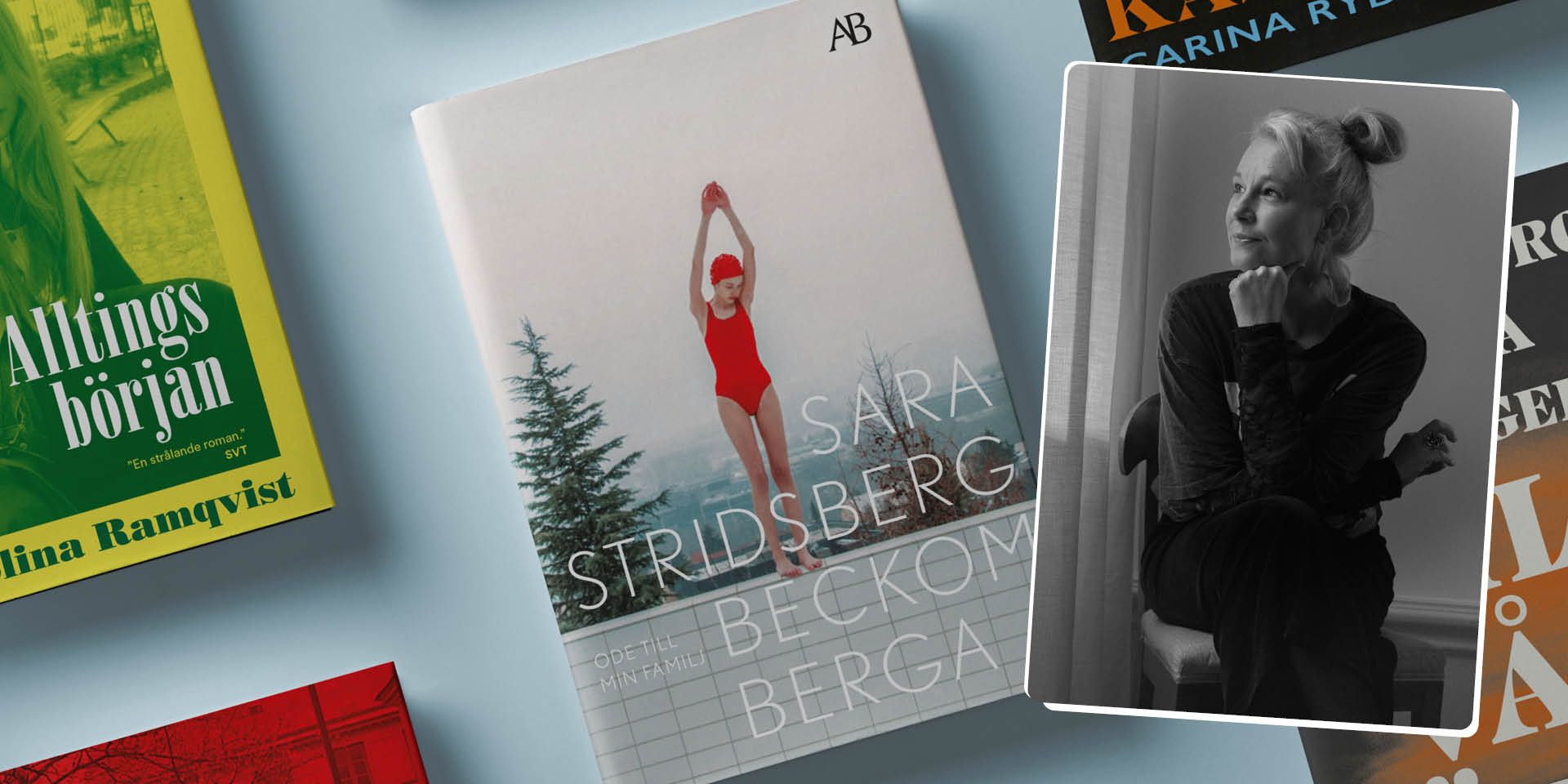 Collage med böcker och foto av Sara Stridsberg.