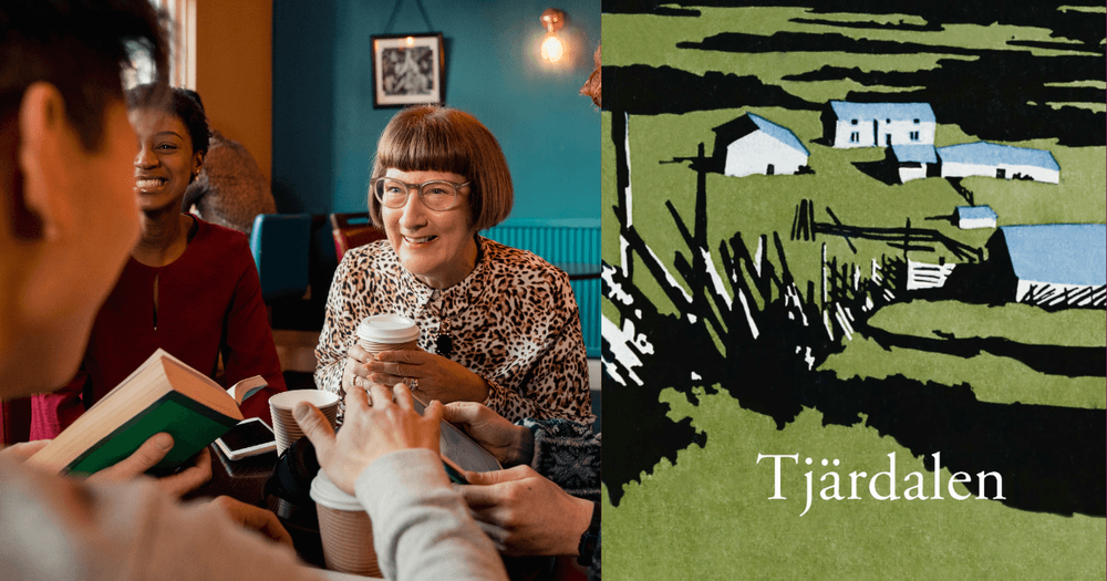 Tre personer sitter i samspråk vid ett bord med böcker och kaffemuggar. Omslag till boken Tjärdalen av Sara Lidman.