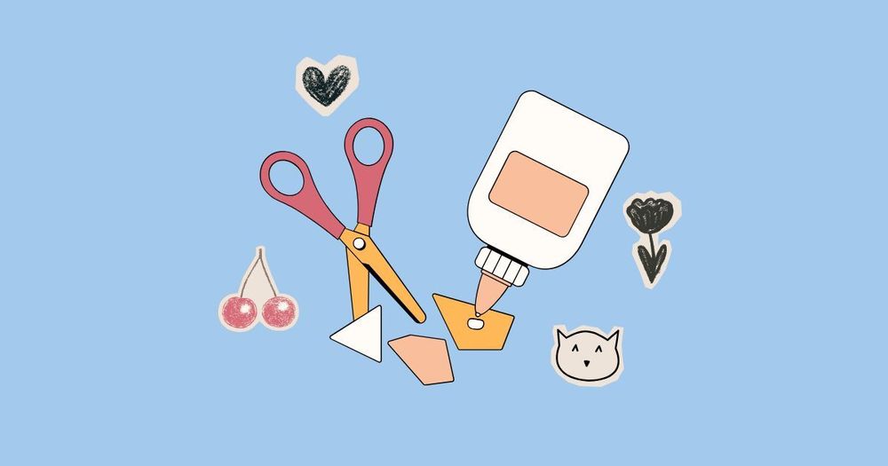 Illustration med sax, klister och pysselsaker.