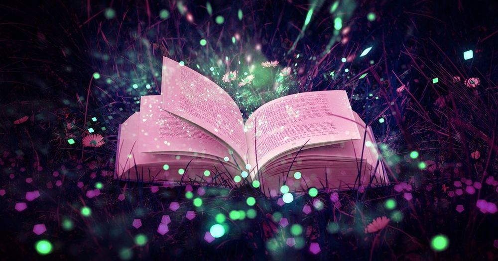 Illustration med en uppslagen bok på en bädd av gnistrande gräs.