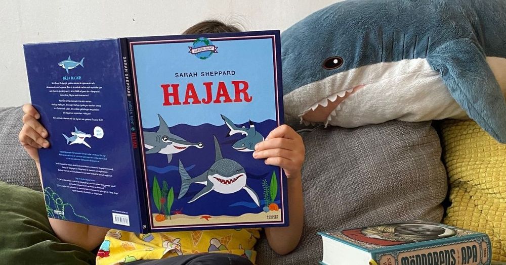 Barn läser bok om hajar med gosedjurshaj