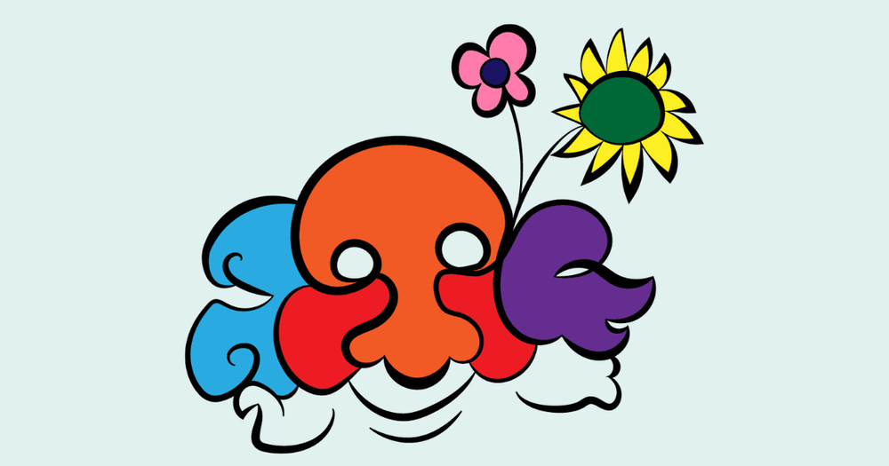 Illustration med teatermasker och två blommor