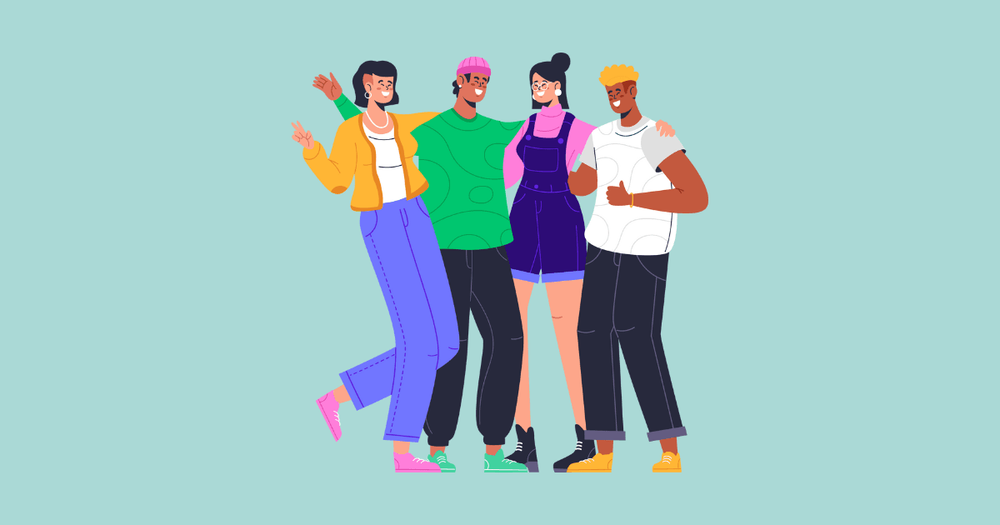 Illustration av fyra unga i grupp. 