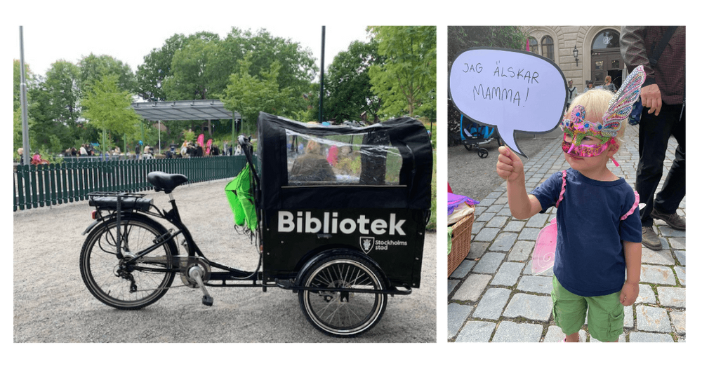 Lådcykel med texten Bibliotek på och bredvid den ett barn som håller i en pratbubbla i papper där det står Jag älskar mamma