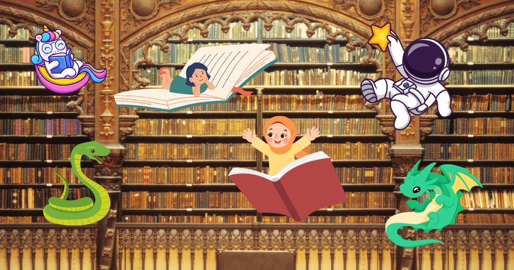 Bibliotek. Illustrationer i form av barn som flyger på böcker, drake, orm, astronaut och enhörning.