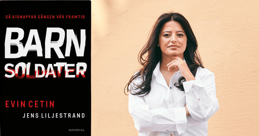 Bild på omslaget till "Barnsoldater" jämte foto av Evin Cetin.