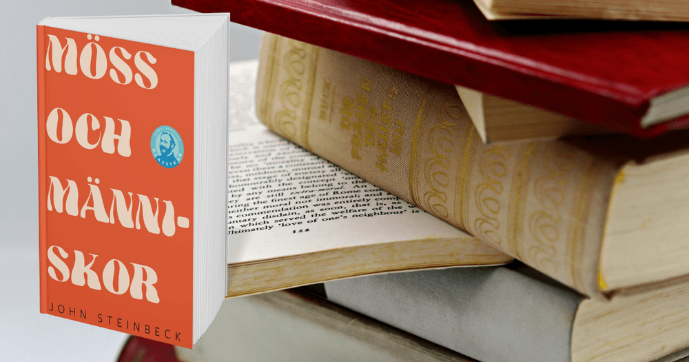 En hög med böcker i bakgrunden och en bild av boken Möss och människor i förgrunden.