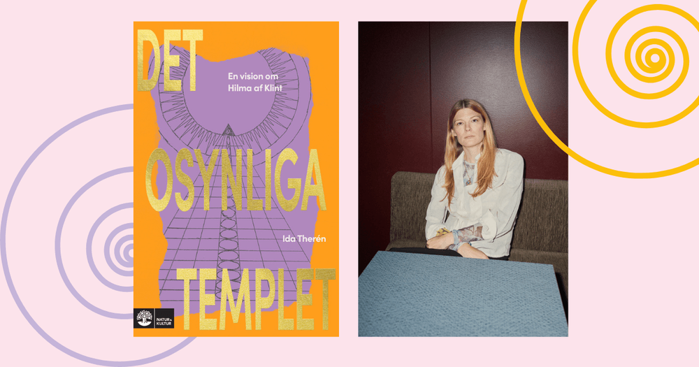 Bokomslag av Det osynliga templet och författarporträtt av Ida Therén, på rosa bakgrund.