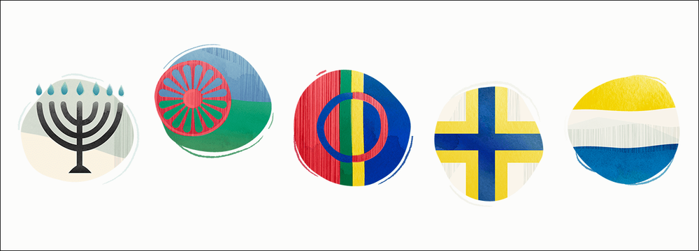 Illustration med symboler för de fem nationella minoriteterna