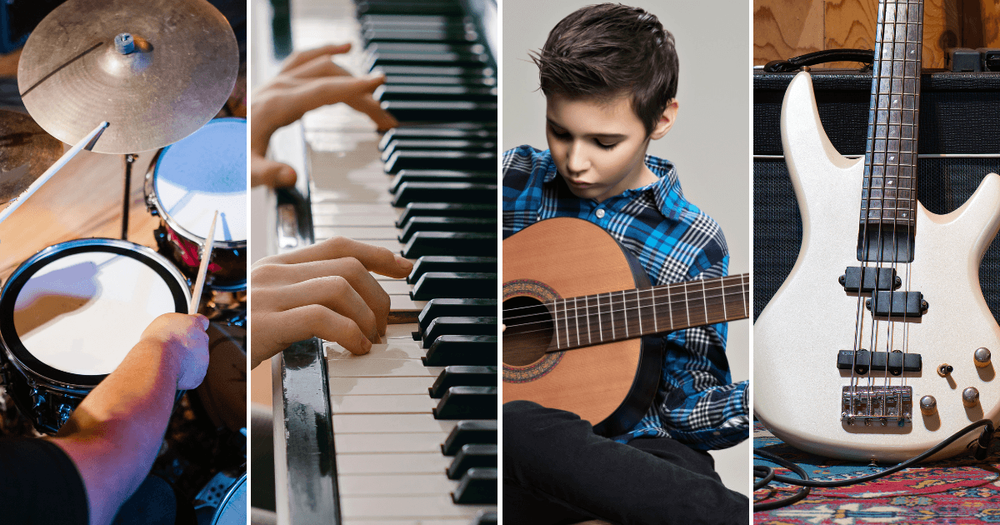 Ett collage av trummor, piano, gitarr och bas