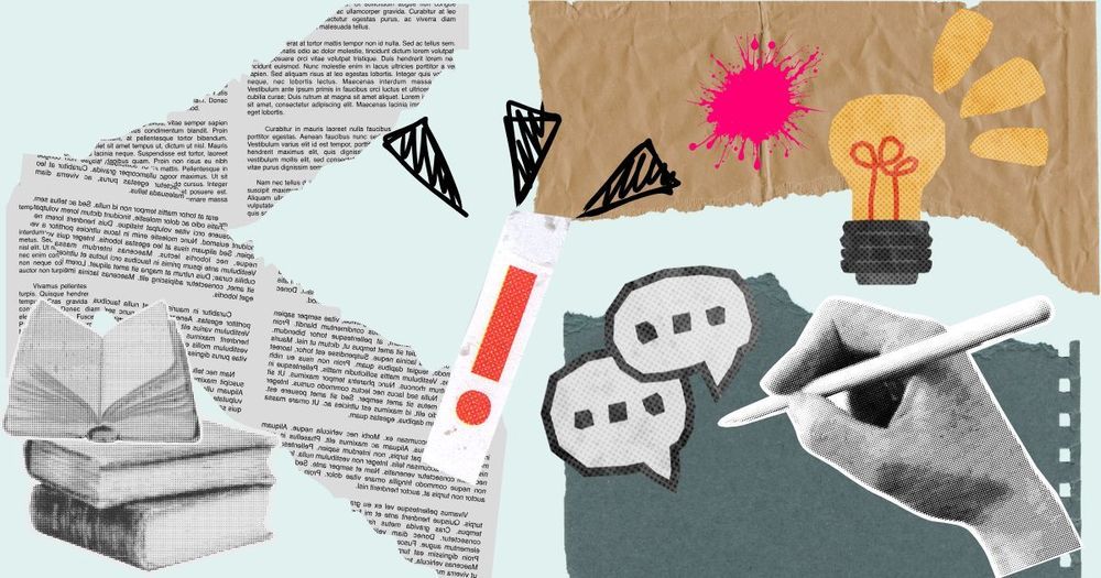 Collage med hand, utropstecken, pratbubblor, böcker med mera