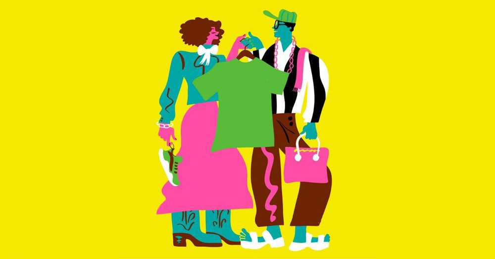 Tecknad färgglad illustration, två personer håller en grön t-shirt.