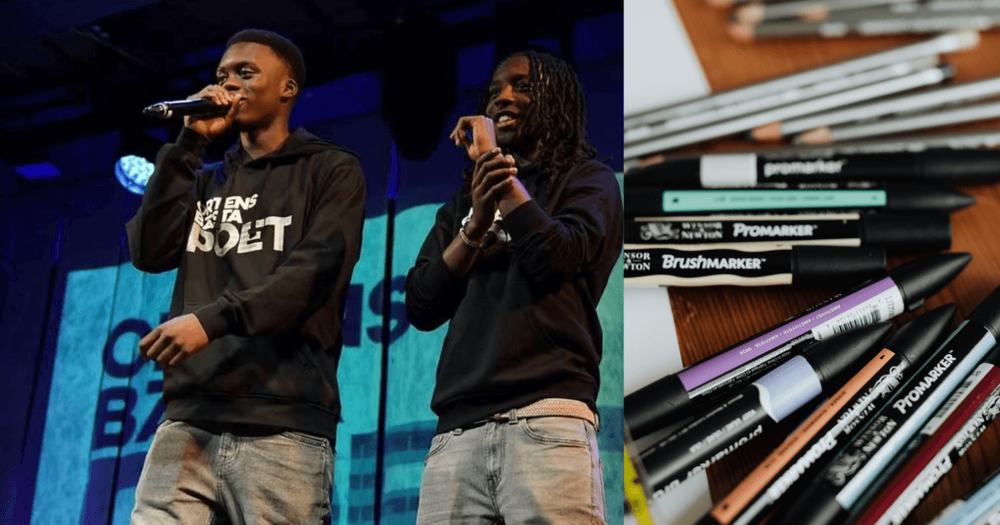 Foto på Max Mukaru och Nasir Sarr, bredvid en bild på pennor.