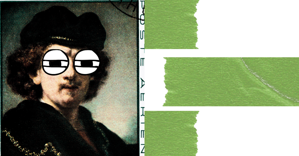 En Rembrandt målning med konstiga ögon på en grön vit bakgrund