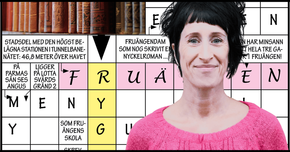 Fotot föreställer Lena Holmlund framför ett Fruängen-korsord