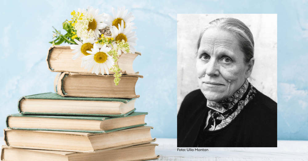 En hög med böcker och en svartvit bild på Vizma Belševica