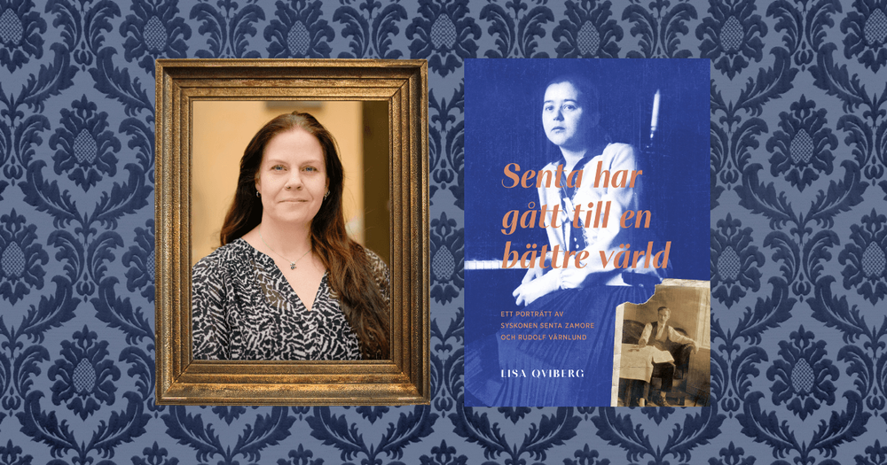 Författarporträtt på Lisa Qviberg, satt i en guldram. Bild på bokomslaget av boken Senta har gått till en bättre värld. Bakgrunden är blå medaljongtapet. 
