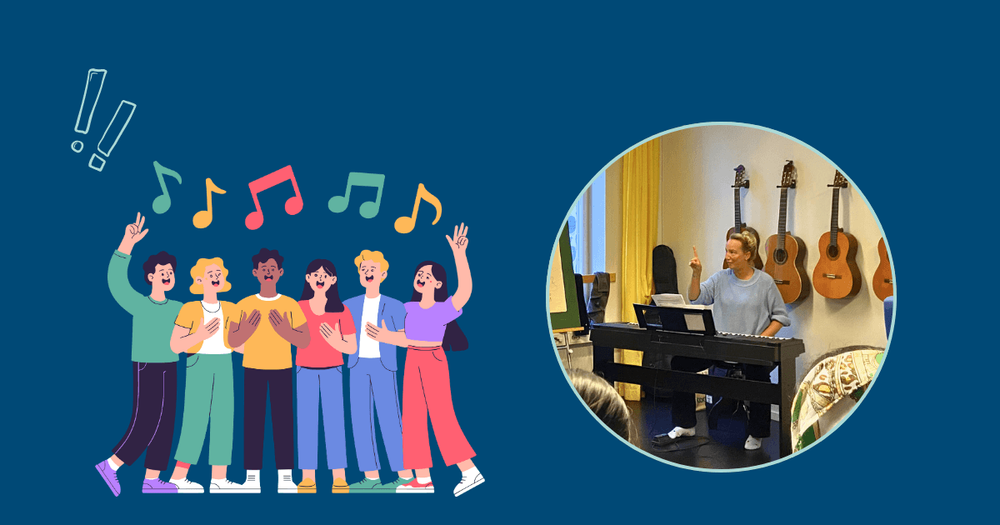 Animerad bild på kör som sjunger och foto på körledaren vid pianot