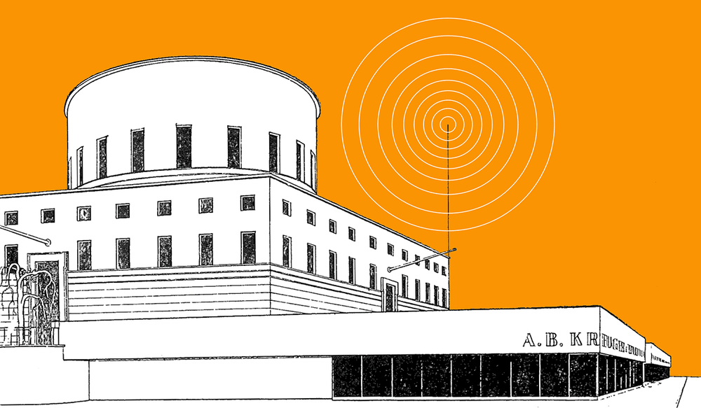 Illustration med Stadsbiblioteket mot en gul bakgrund.