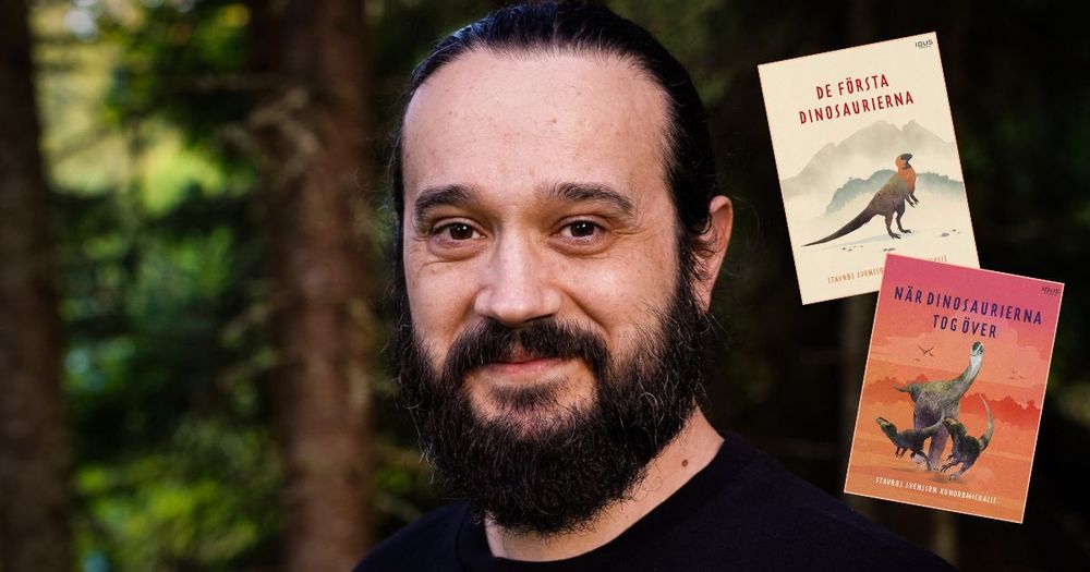 Bild på författaren och illustratören Stavros Svensson Kundromichalis, samt två omslagsbilder på hans böcker