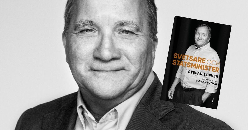 Svartvit porträttbild på Stefan Löfven samt bokomslag.
