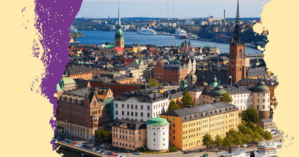 Collage med bild på Stockholm och färgfält i lila och beige.
