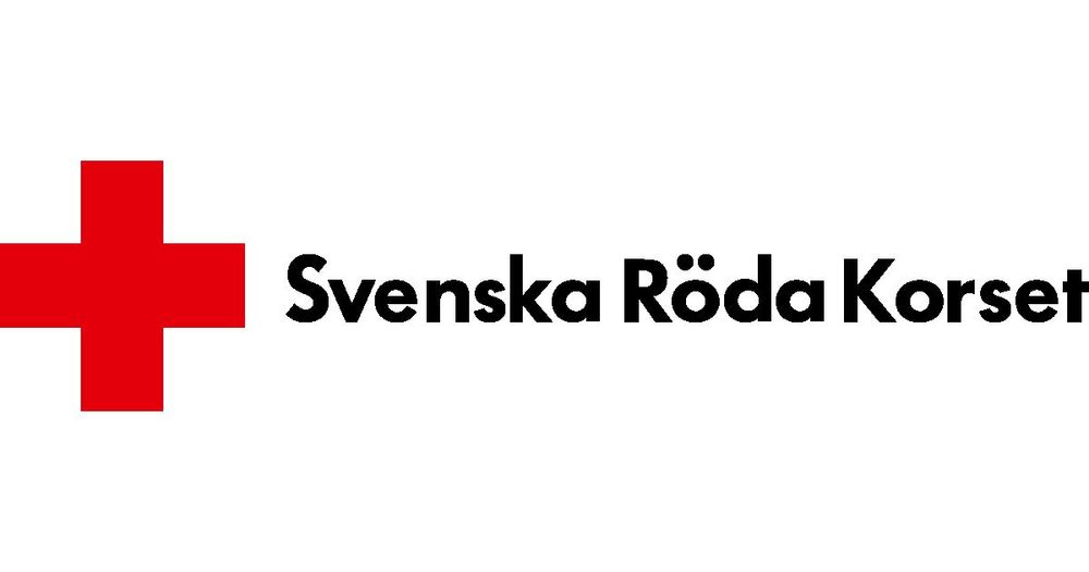 Rött kors på vit bakgrund. Text: Svenska Röda Korset.
