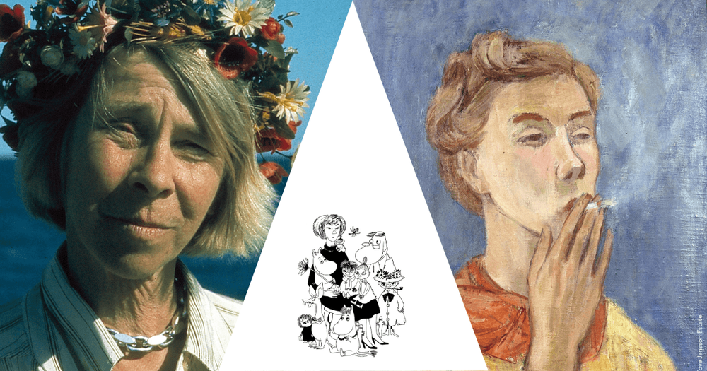 Foto av Tove Jansson i blomsterkrans, självporträtt på Tove med alla muminkaraktärer, samt bild på Tove Janssons målning "Girl smoking".