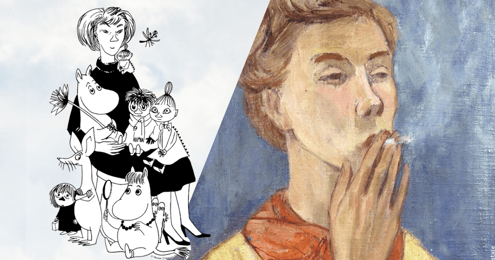 Collage med illustration Tove Jansson och muminfigurer och en målning med rökande kvinna.