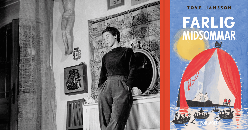 En bild på Tove Jansson och en bild på omslaget till Farlig midsommar