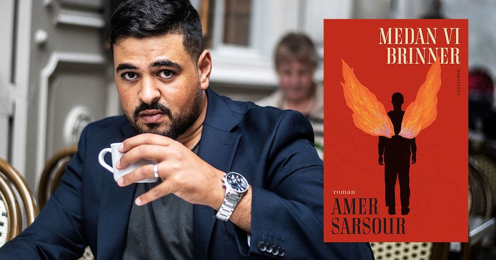 Foto på Amer Sarsour och bild på omslaget till boken "Medan vi brinner"