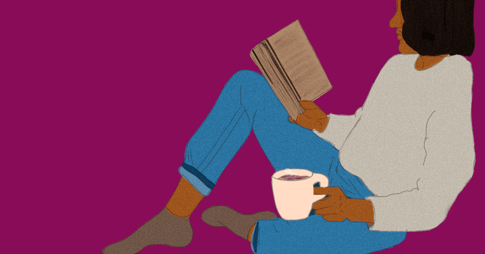 Illustrerad bild på en tjej som läser med en tekopp i handen.