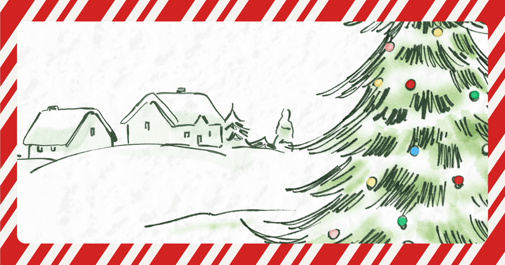 Illustration med hus och gran med julkulor.