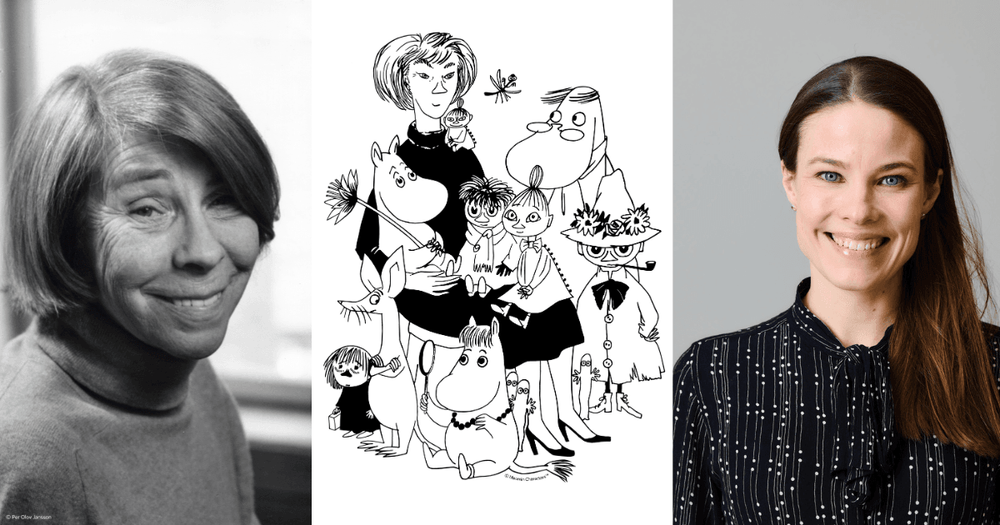 Foto av Tove jansson, teckning av Tove Jansson och foto av föreläsaren Kira Schroeder