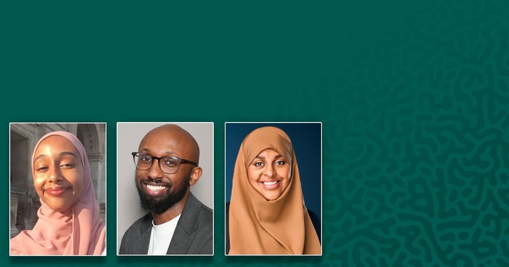 Fotoporträtt av Jasmin Nasser, Sakariya Hirsi och Mona Suleiman framför grön bakgrund.