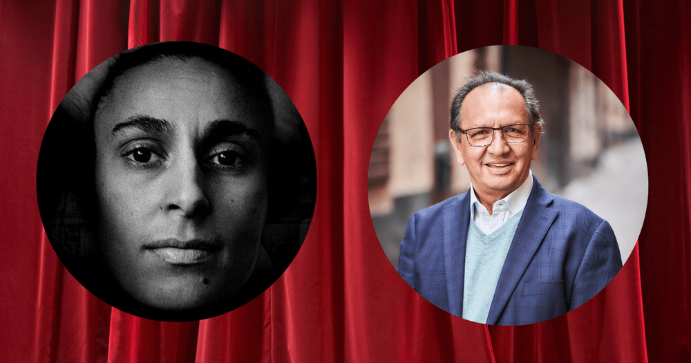 I bakgrunden ett rött draperi. I förgrunden runda porträtt av Kararina Taikon respektive Fred Taikon.