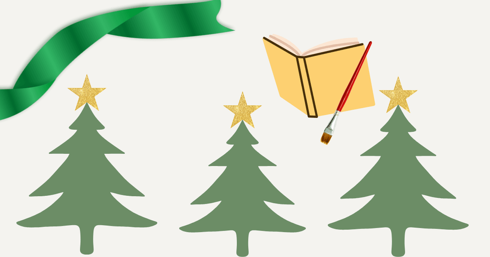 grönt band, tre granar med julstjärnor, en gul bok och en pensel