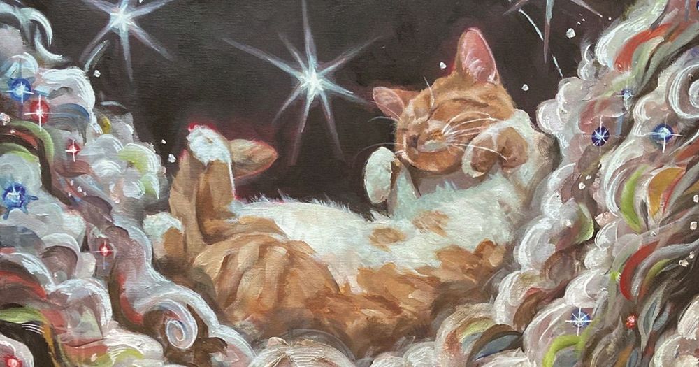 Målning av katt som myser på moln med stjärnor