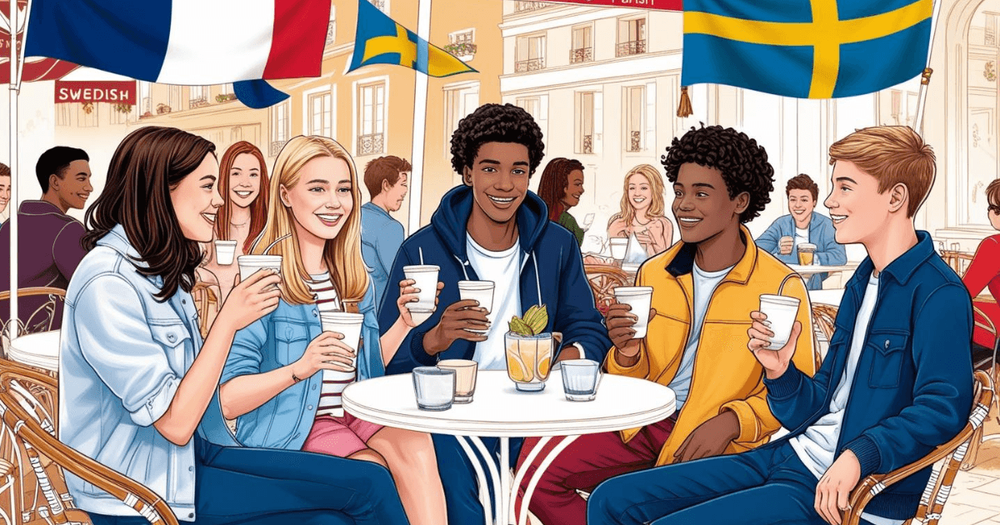 AI genererad tecknad bild av unga på ett cafe