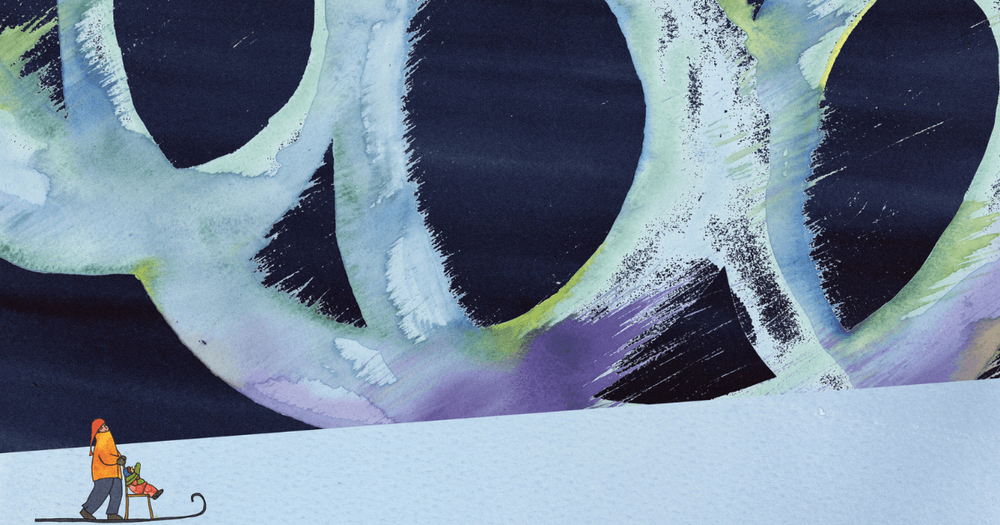 En illustration av ett barn på en släde som ser norrsken på himlen