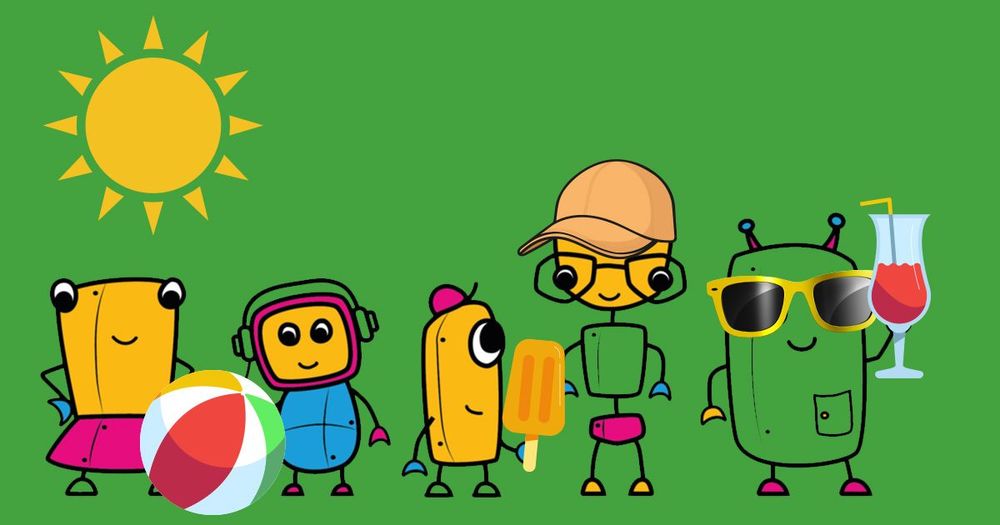 Illustration av robotar med badboll och glass. 