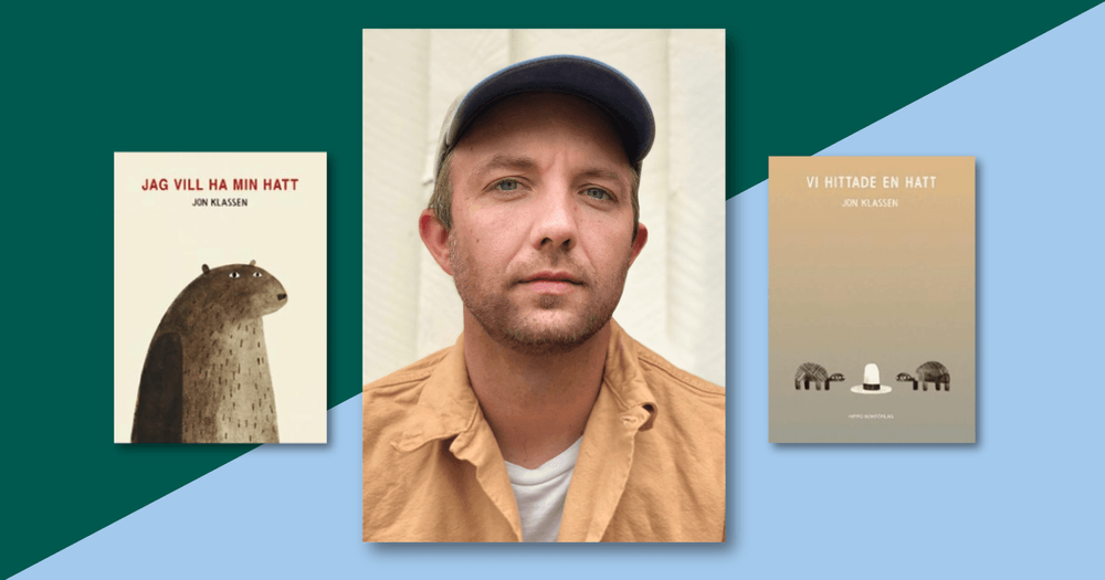 Collage porträtt av Jon Klassen och omslag till två av hans böcker