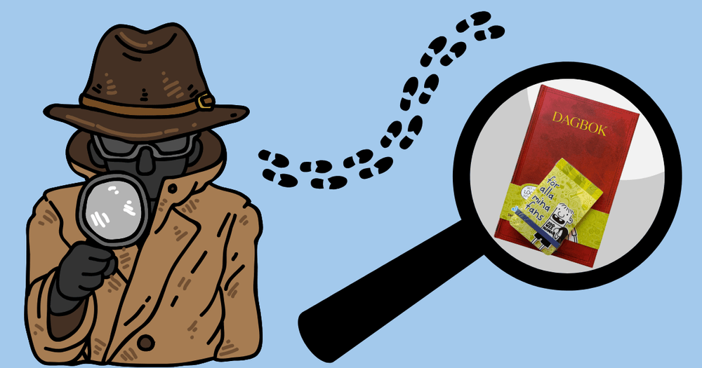 Bild på detektiv, fotspår och ett förstoringsglas med en dagbok i.