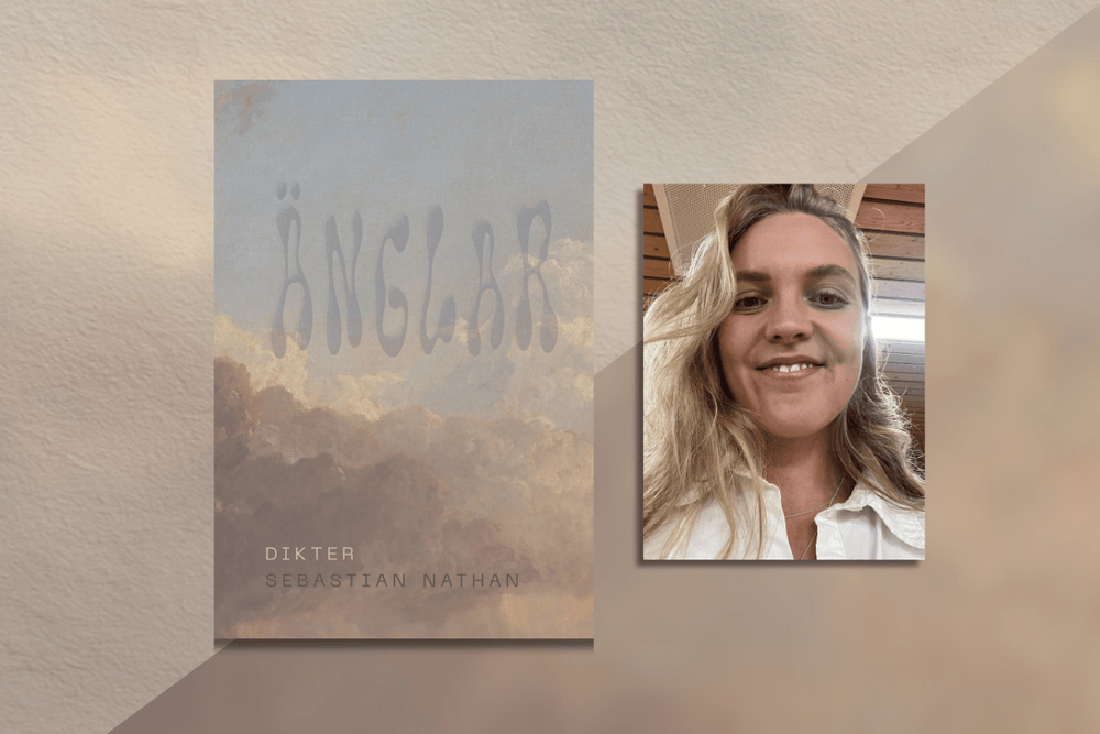 Collage med porträtt av Lova och bokomslag Änglar