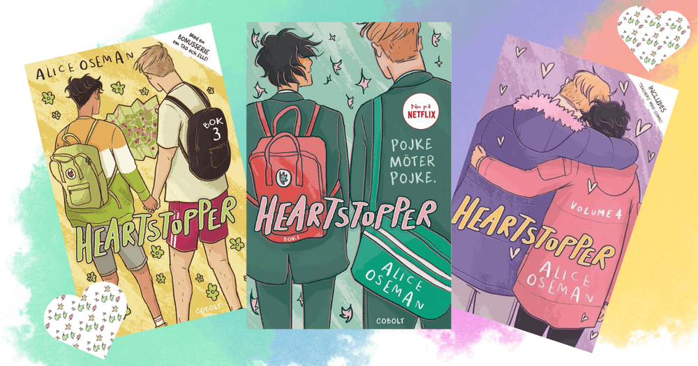 Tre bokomslag från Heartstopper, mot målad regnbågsbakgrund. 