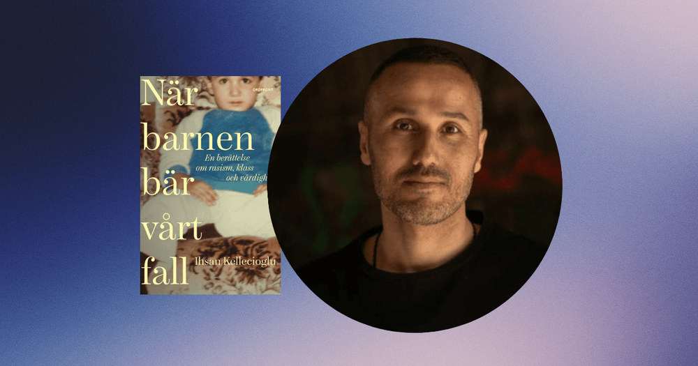 Oorträtt av Ihsan Kellecioglu jämte omslaget av boken "När barnen bär vårt fall".