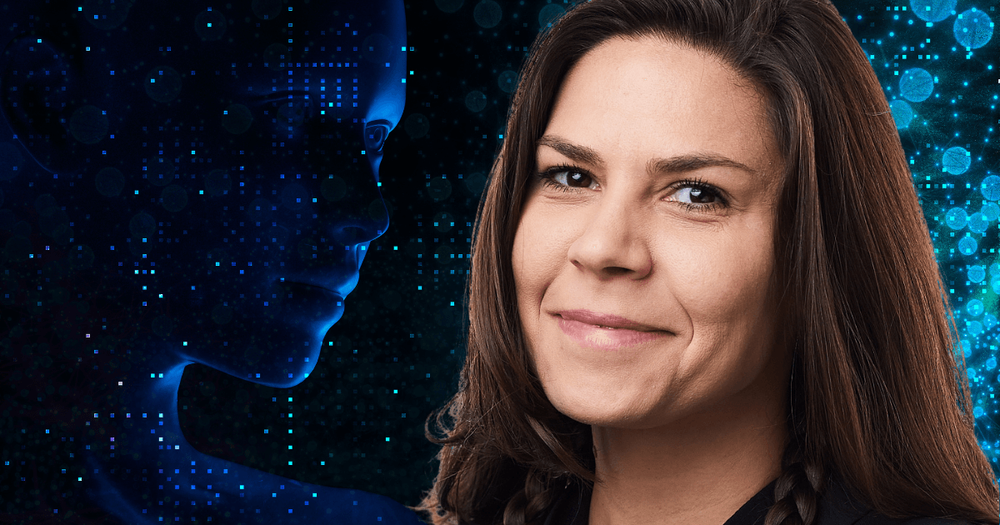 Maria Hedblom mot en AI-bakgrund