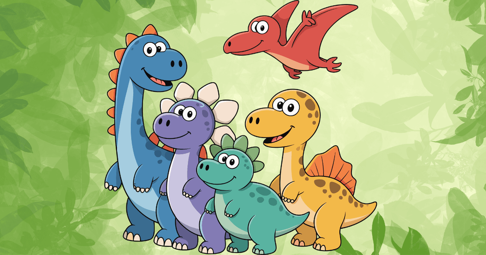 En tecknad bild av ett gäng dinosaurier.