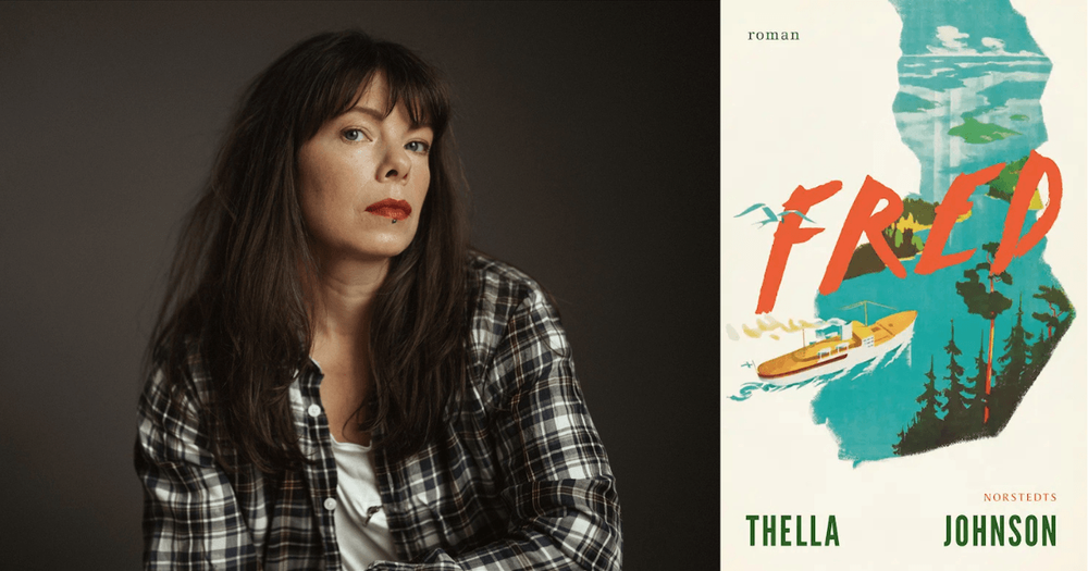 Författarporträtt av Thella Johnson samt omslagsbild på boken "Fred".